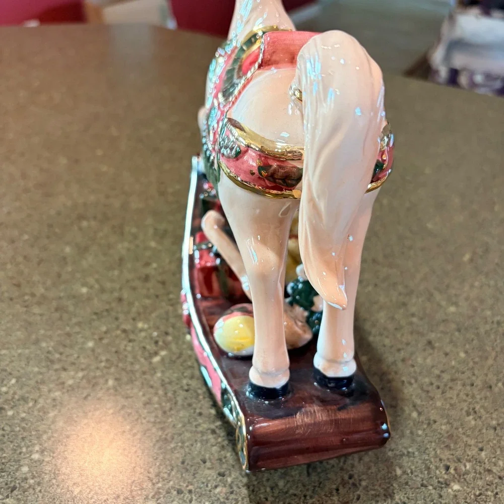 Christmas Rocking Horse Ceramic Figurine‎ Teddy Bear Gifts Gold Accents